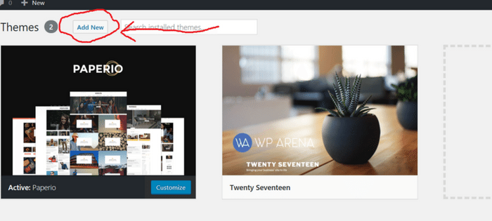WordPress Add New Theme page showing search and upload options