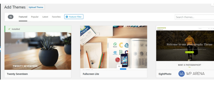 WordPress theme filter options showing featured, popular, latest, and recently updated filters