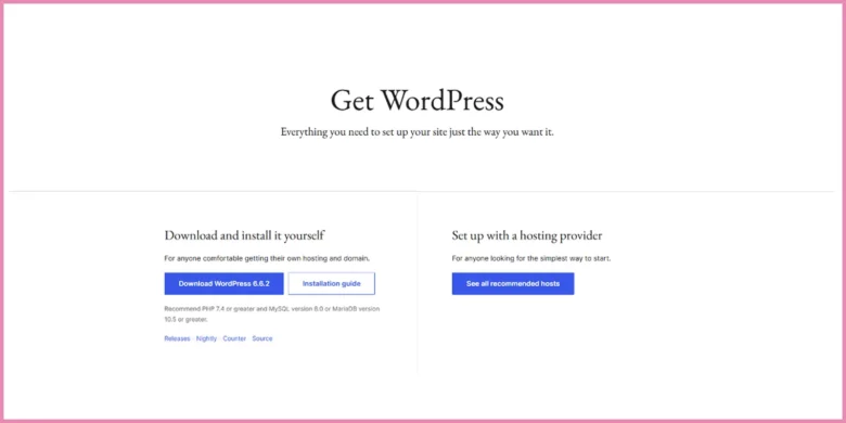 The second method is to manually install WordPress. For this purpose, go to WordPress's official website, download WordPress, upload it to the hosting server, create a database, and run the installation wizard using your domain.